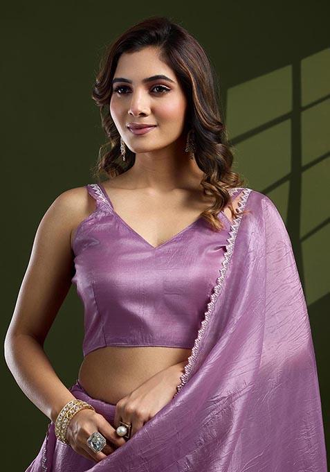 Lavender Swarovski Zircon Work Silk Chiffon Saree Set
