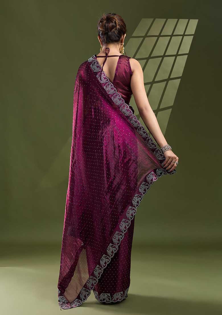 Wine Swarovski Zircon Work Silk Chiffon Saree Set