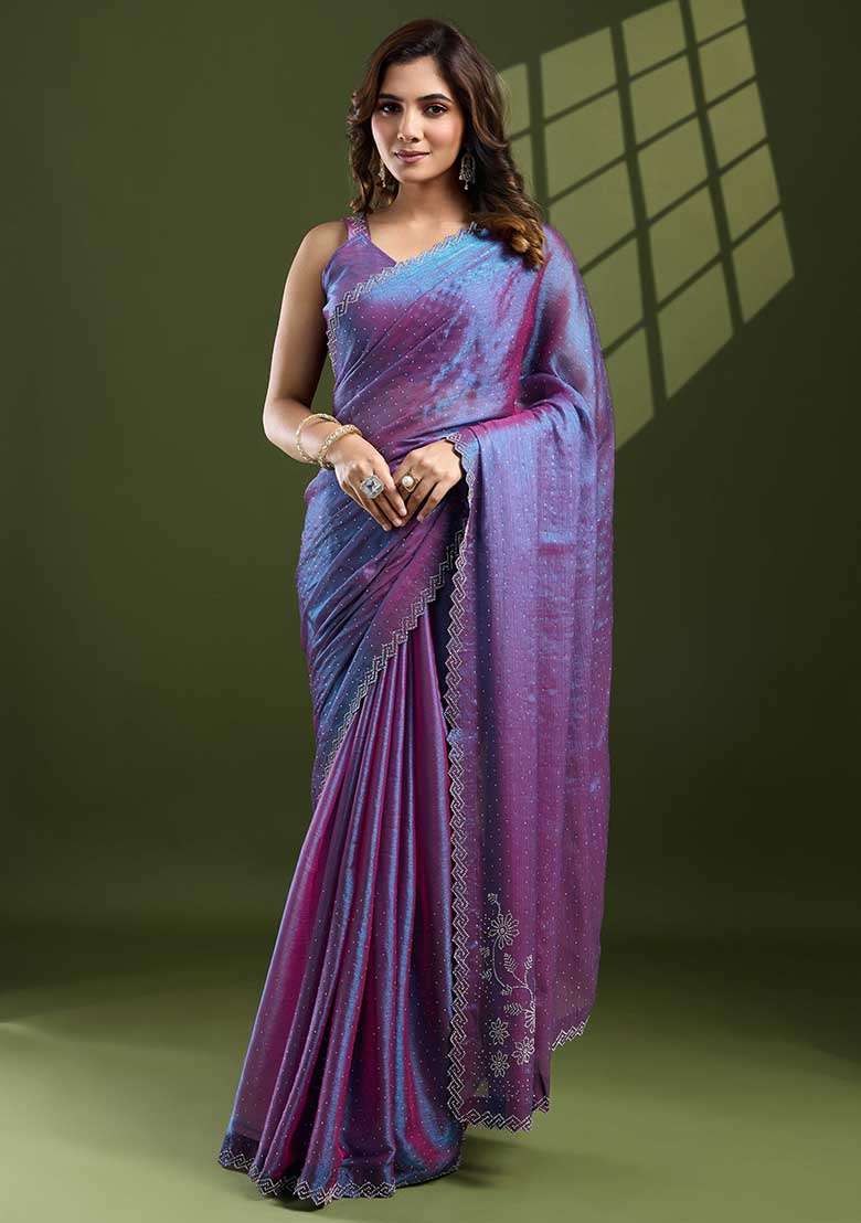 Purple Swarovski Zircon Work Silk Blend Chiffon Saree Set for Diwali and Festive Wear - Indya
