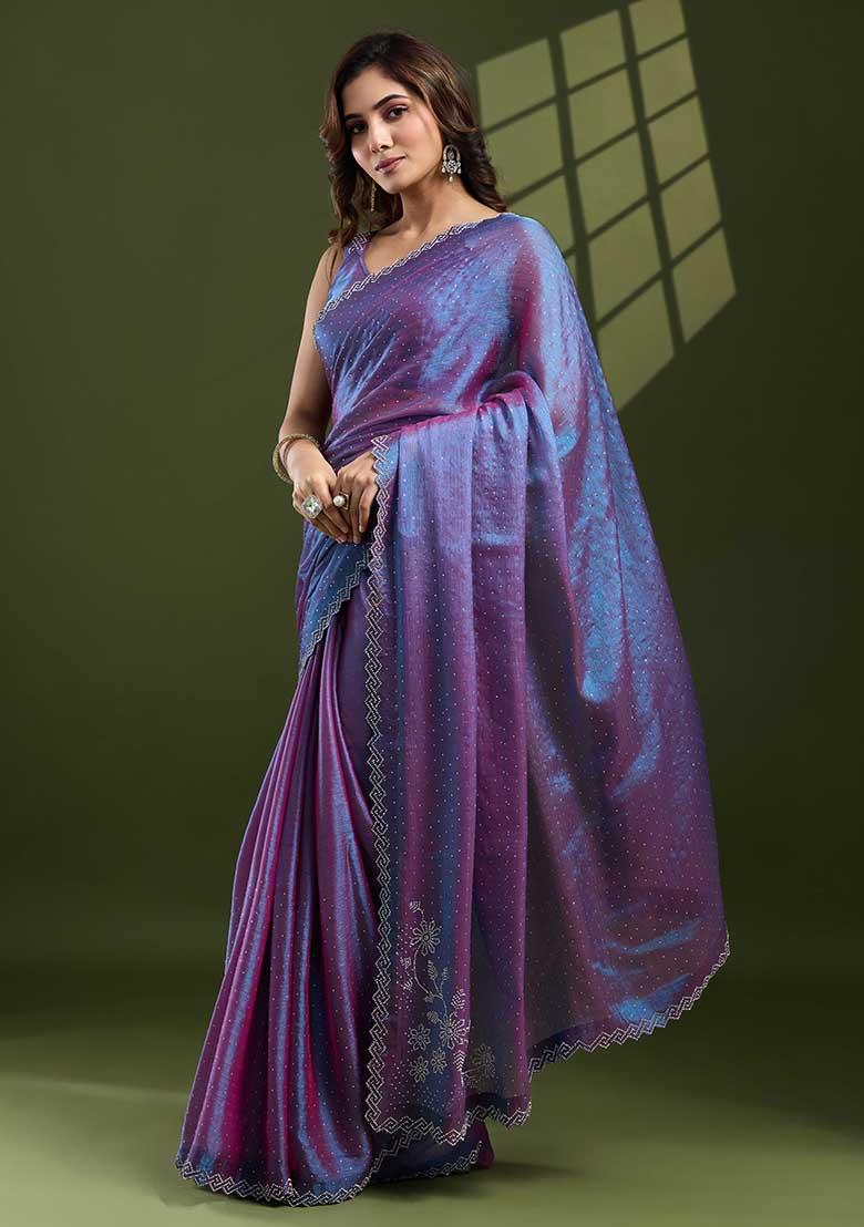 Purple Swarovski Zircon Work Silk Chiffon Saree Set