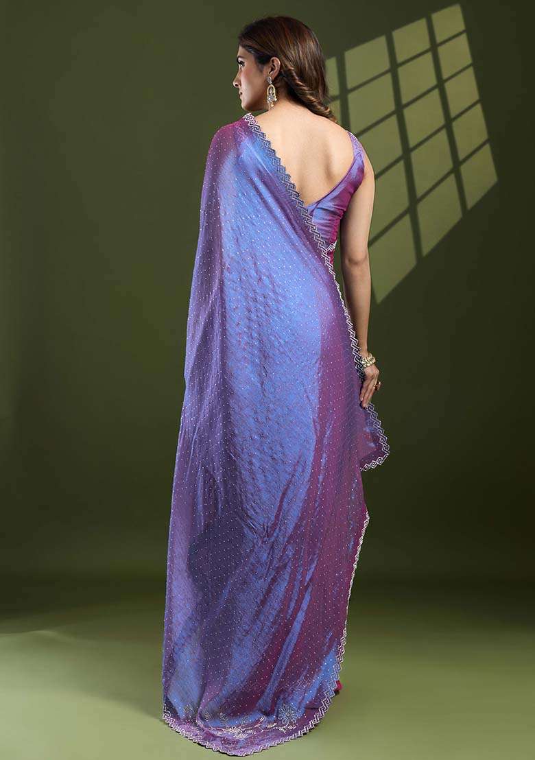 Purple Swarovski Zircon Work Silk Blend Chiffon Saree Set for Diwali and Festive Wear - Indya