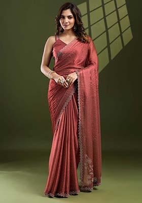 Rust Brown Swarovski Zircon Work Silk Chiffon Saree Set