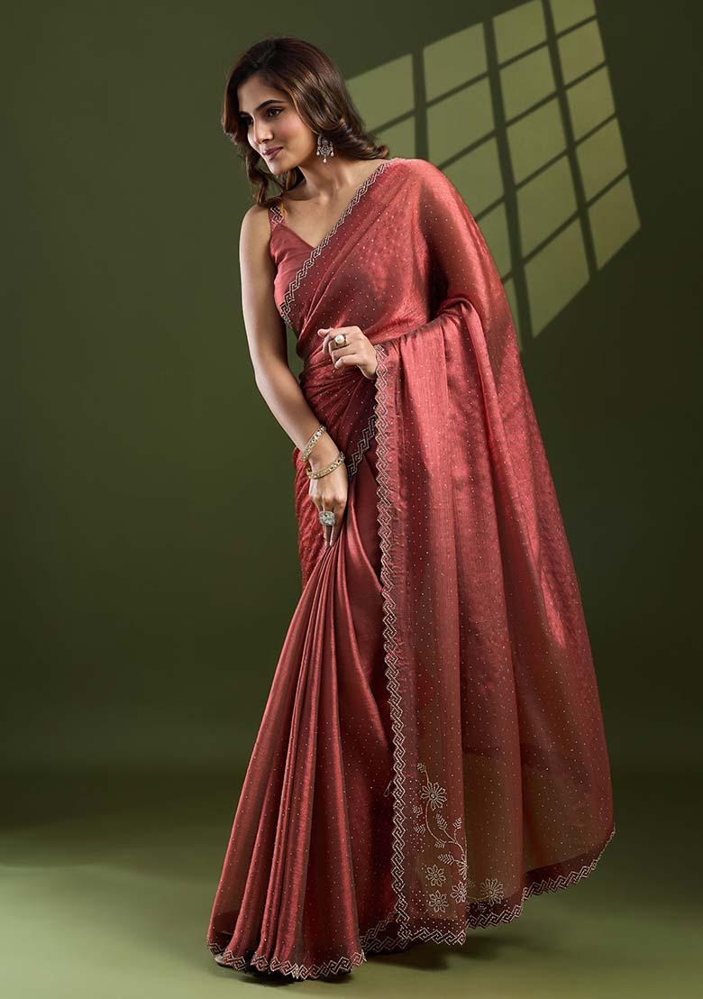 Rust Brown Swarovski Zircon Work Silk Chiffon Saree Set