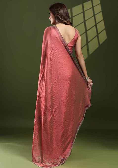 Rust Brown Swarovski Zircon Work Silk Chiffon Saree Set