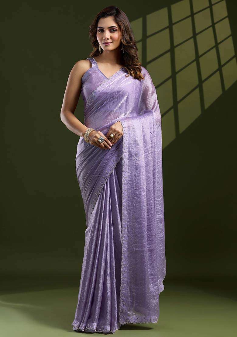 Lavender Swarovski Zircon Work Satin Silk Saree Set - Indya