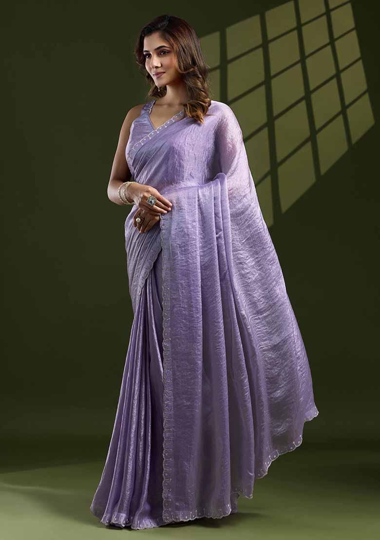 Lavender Swarovski Zircon Work Satin Silk Saree Set