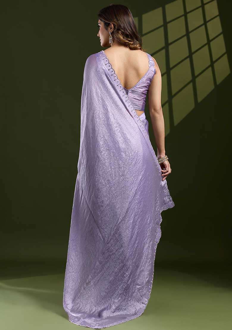 Lavender Swarovski Zircon Work Satin Silk Saree Set - Indya