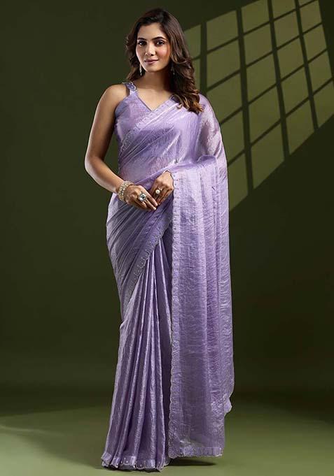 Lavender Swarovski Zircon Work Satin Silk Saree Set