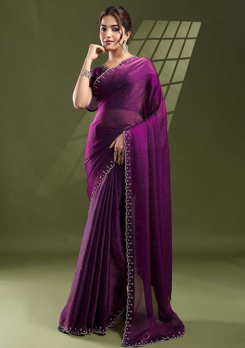 Purple Swarovski Zircon Work Satin Silk Saree Set
