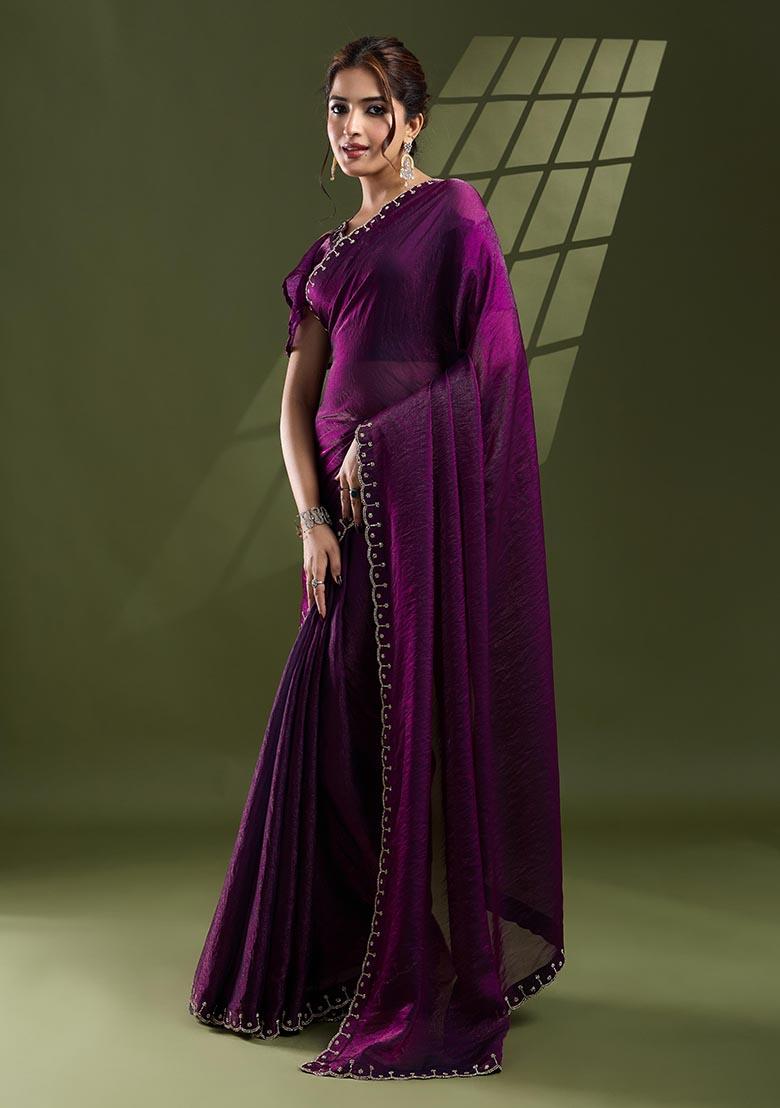 Purple Swarovski Zircon Work Satin Silk Saree Set