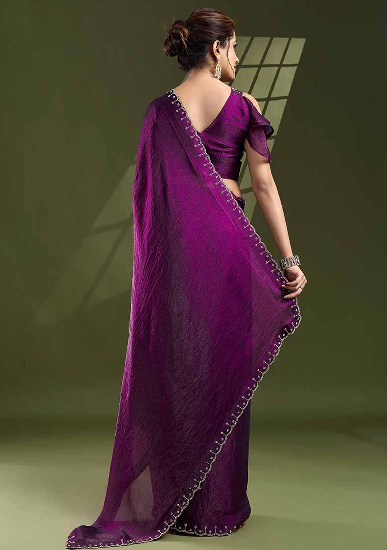 Purple Swarovski Zircon Work Satin Silk Saree Set