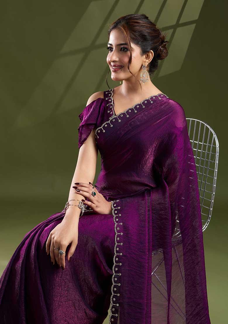Purple Swarovski Zircon Work Satin Silk Saree Set
