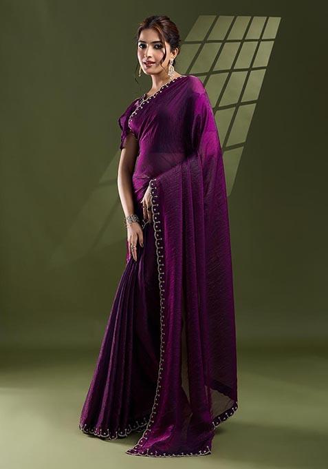 Purple Swarovski Zircon Work Satin Silk Saree Set