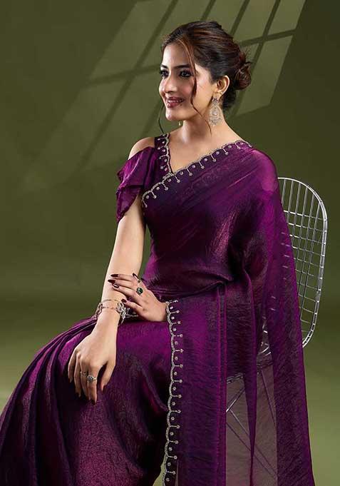 Purple Swarovski Zircon Work Satin Silk Saree Set