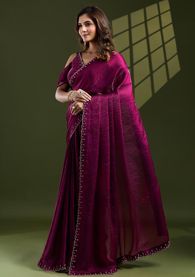 Rani Pink Swarovski Zircon Work Satin Silk Saree Set
