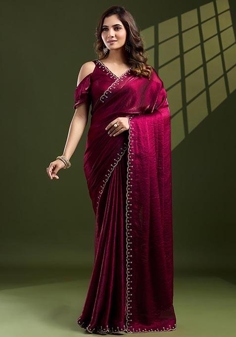 Rani Pink Swarovski Zircon Work Satin Silk Saree Set