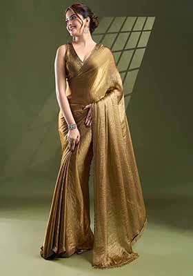 Gold Swarovski Zircon Work Satin Silk Saree Set