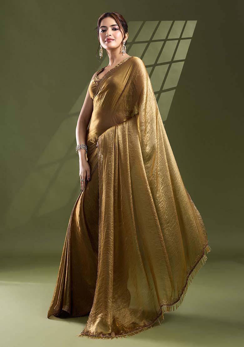 Gold Swarovski Zircon Work Satin Silk Saree Set