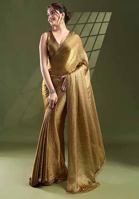 Gold Swarovski Zircon Work Satin Silk Saree Set