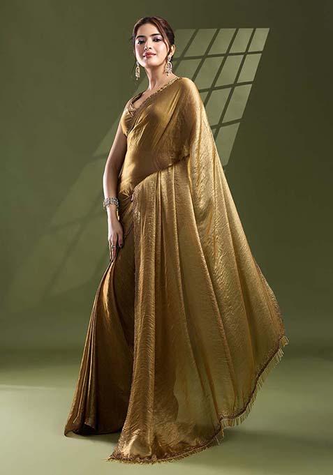 Gold Swarovski Zircon Work Satin Silk Saree Set