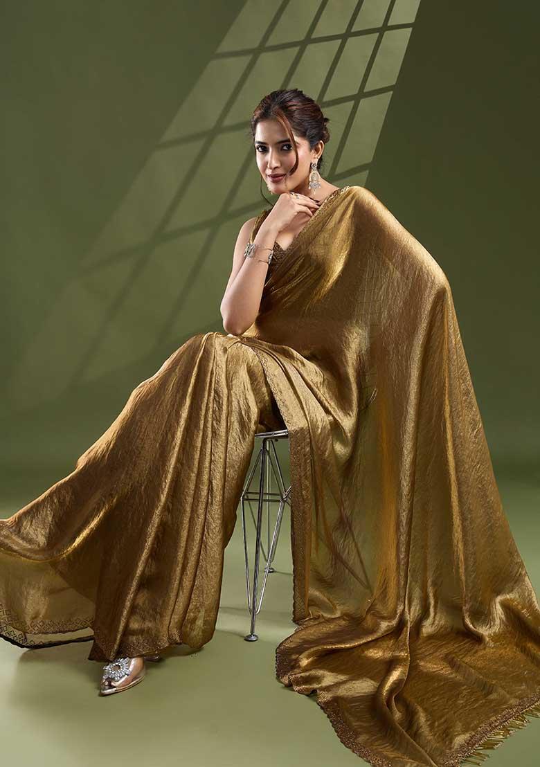 Sky Blue Beads And Stone Work Satin Silk Saree Set