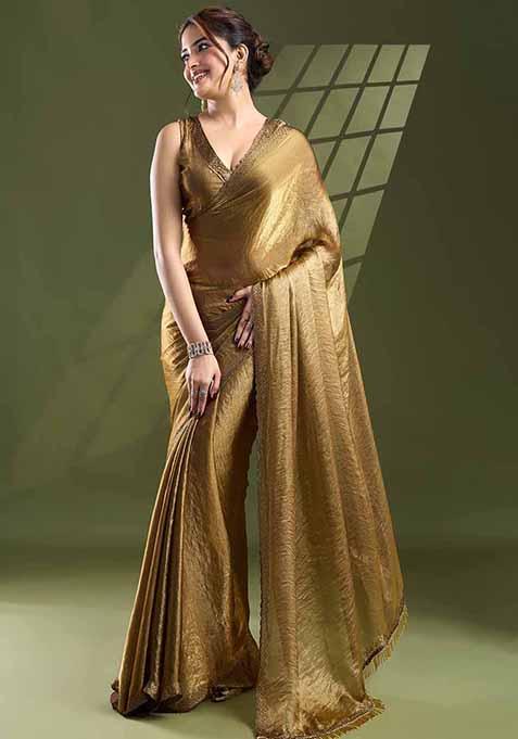 Sky Blue Beads And Stone Work Satin Silk Saree Set