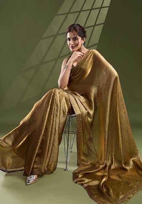 Sky Blue Beads And Stone Work Satin Silk Saree Set