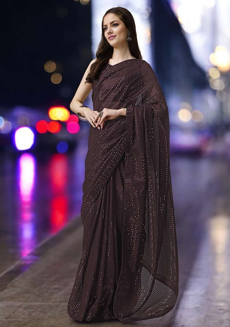 Brown Sequinned Georgette Saree Set - Indya
