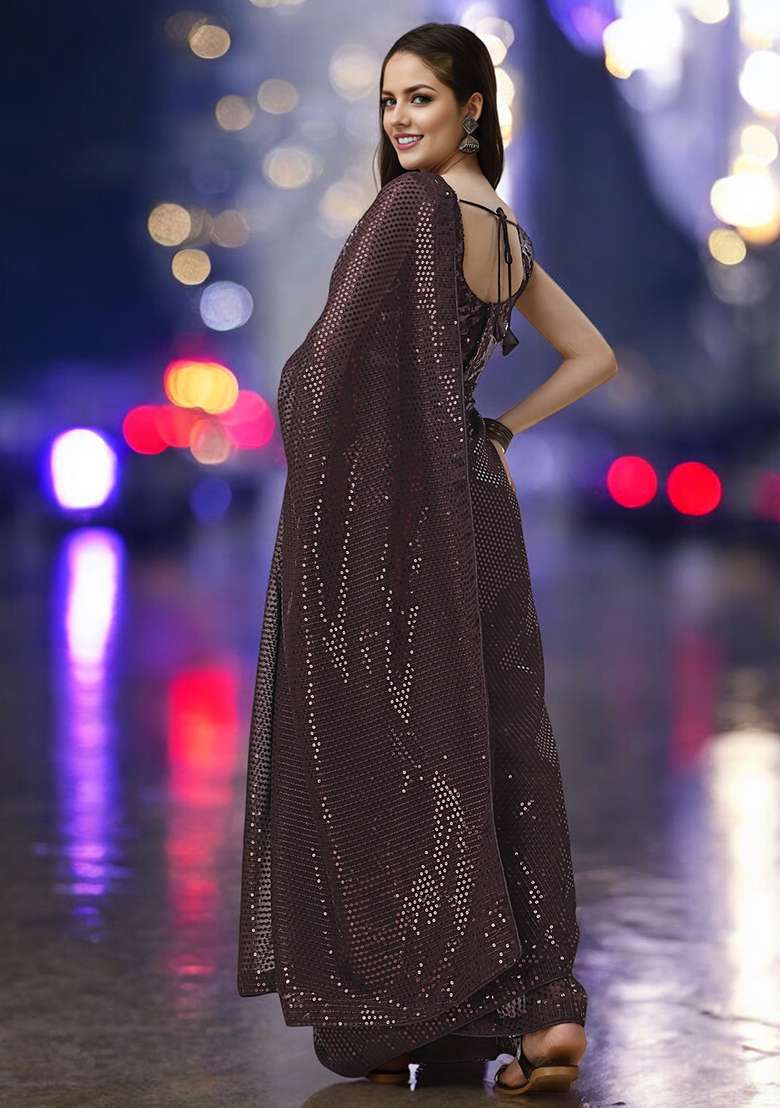 Brown Sequinned Georgette Saree Set - Indya