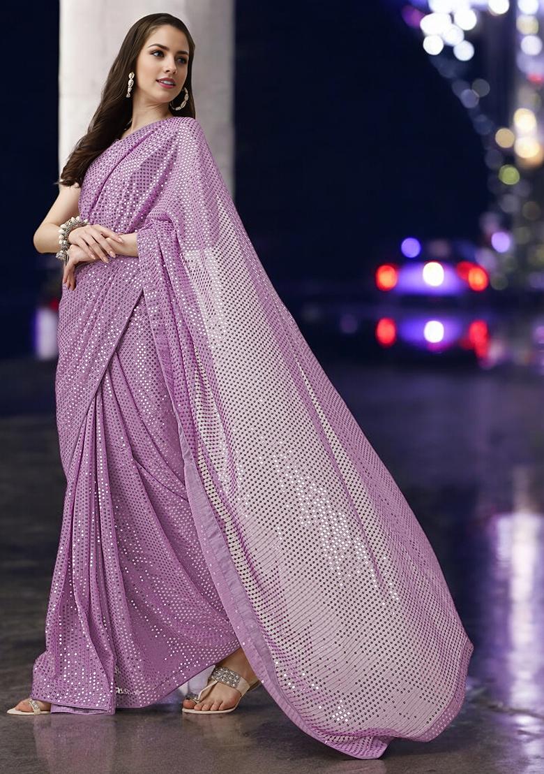 Lavender Sequinned Georgette Saree Set
