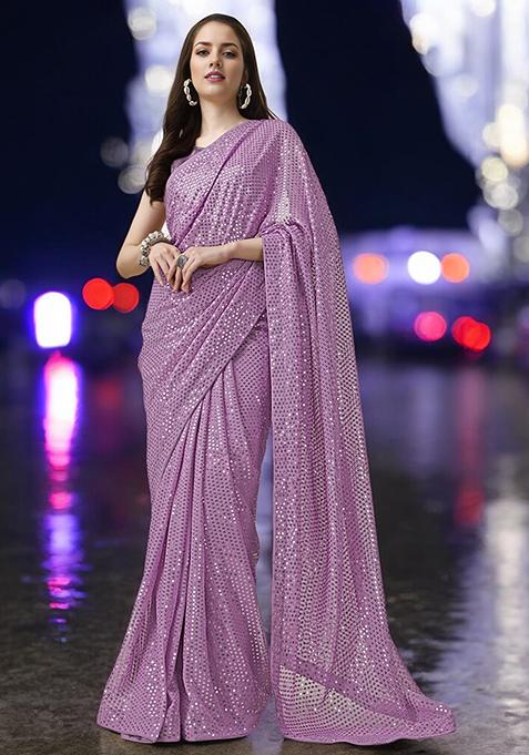 Lavender Sequinned Georgette Saree Set