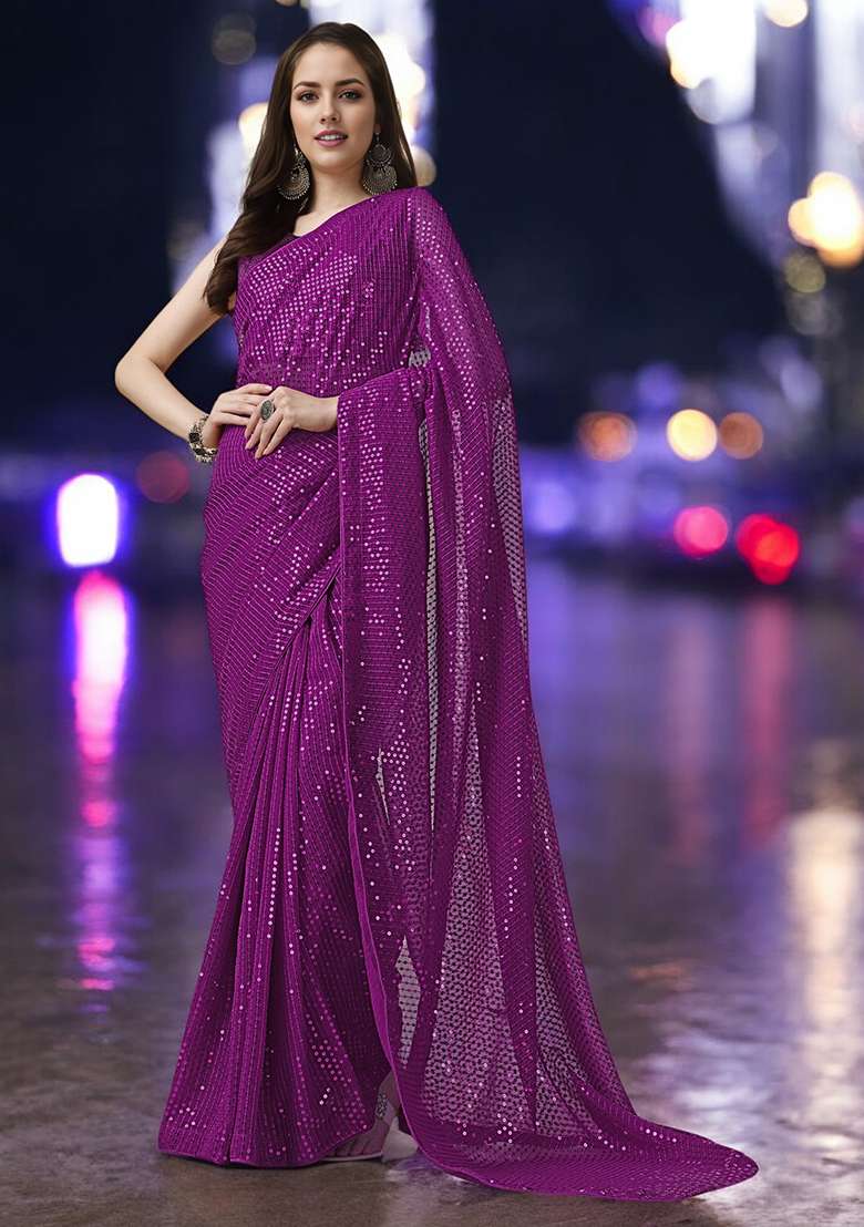 Magenta Sequinned Georgette Saree Set - Indya