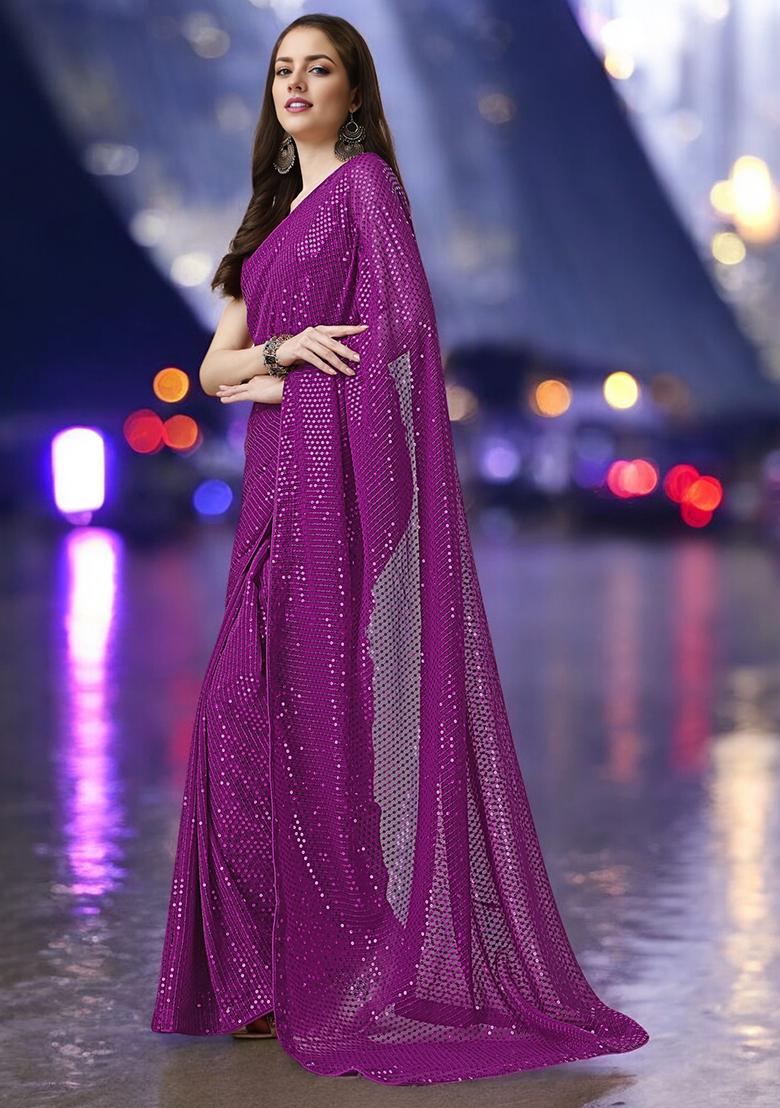 Magenta Sequinned Georgette Saree Set