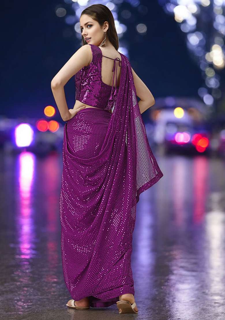 Magenta Sequinned Georgette Saree Set - Indya