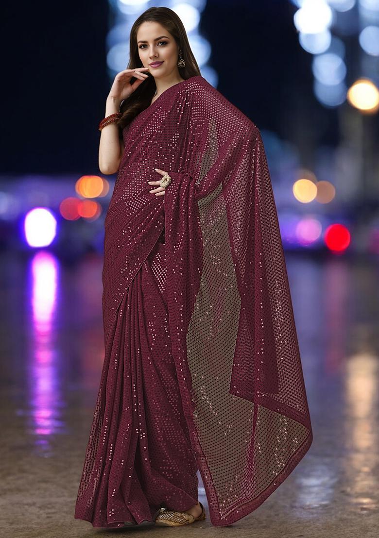 Maroon Sequinned Georgette Saree Set