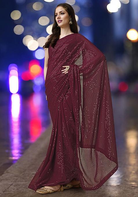 Maroon Sequinned Georgette Saree Set