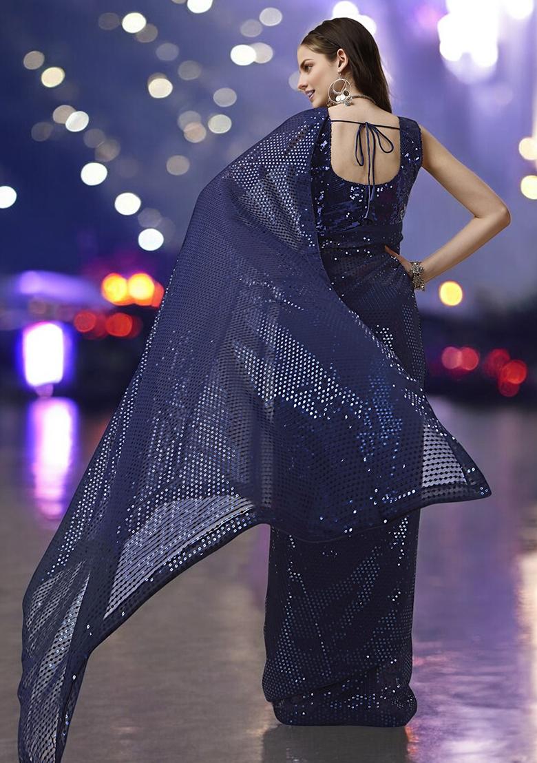 Navy Blue Sequinned Georgette Saree Set