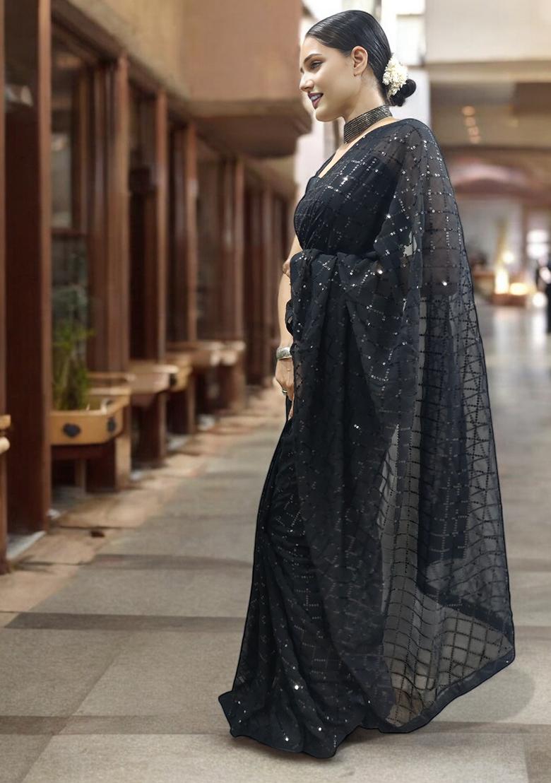 Black Sequinned Georgette Saree Set