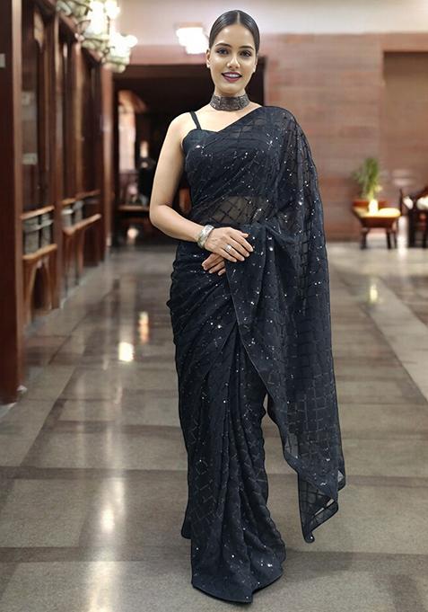 Black Sequinned Georgette Saree Set