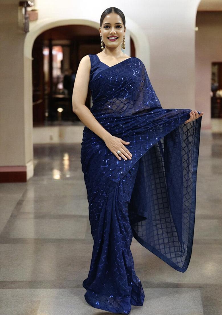 Blue Sequinned Georgette Saree Set