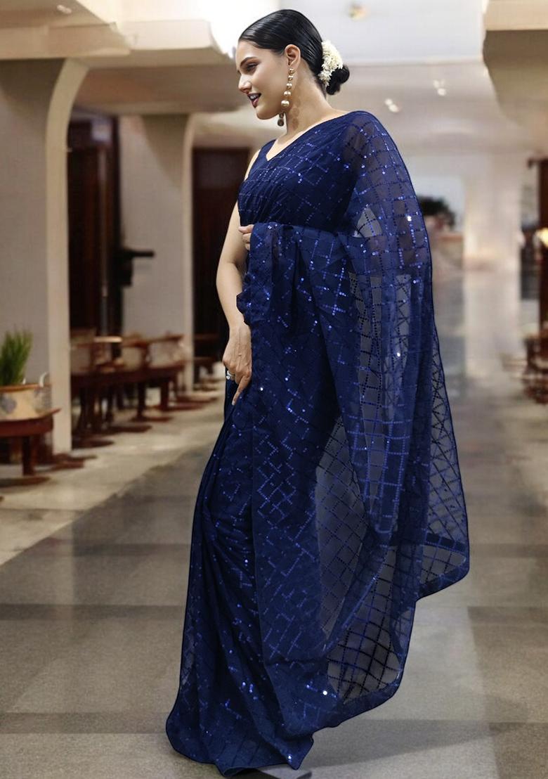 Blue Sequinned Georgette Saree Set
