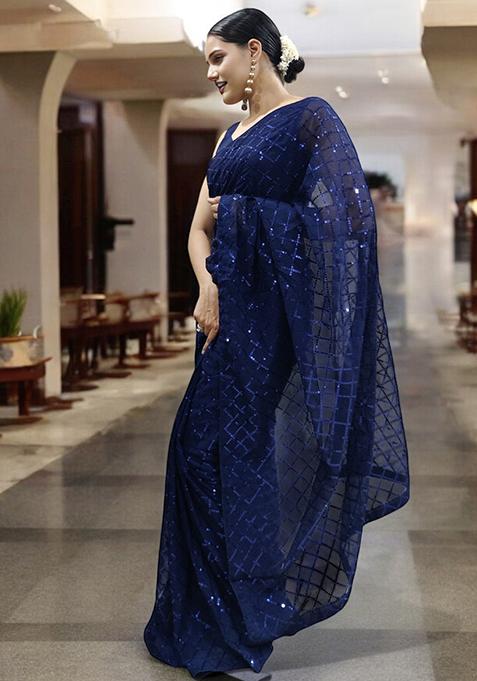 Blue Sequinned Georgette Saree Set