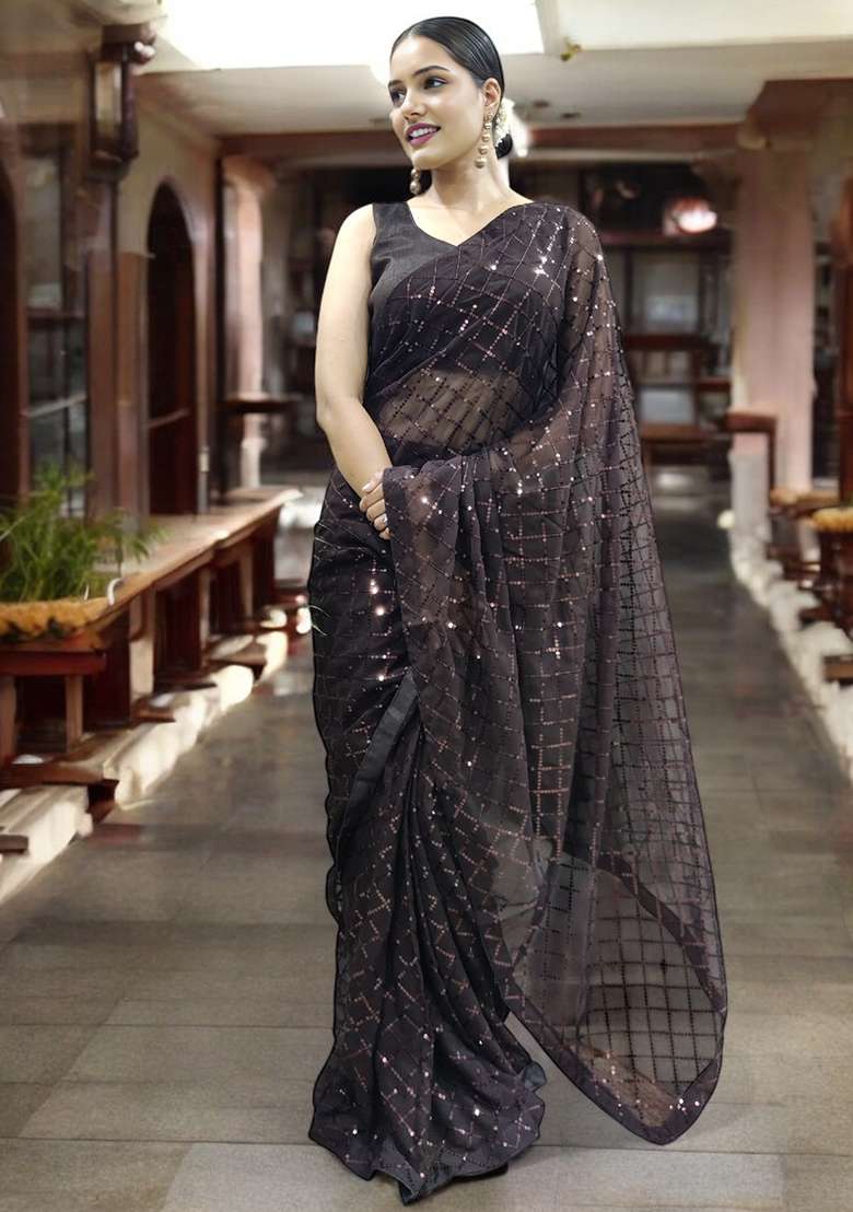 Brown Sequinned Georgette Saree Set - Indya
