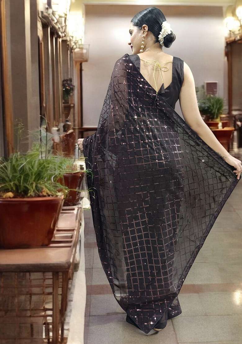 Brown Sequinned Georgette Saree Set - Indya