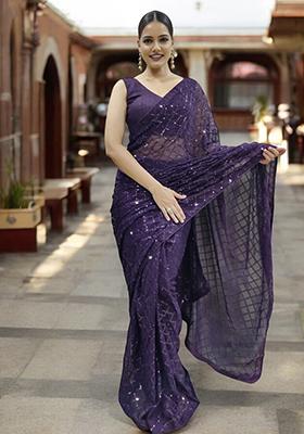 Purple Sequinned Georgette Saree Set