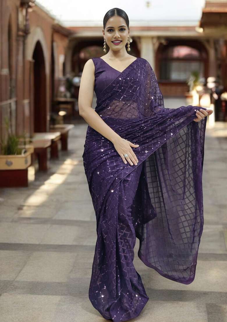 Purple Sequinned Georgette Saree Set - Indya
