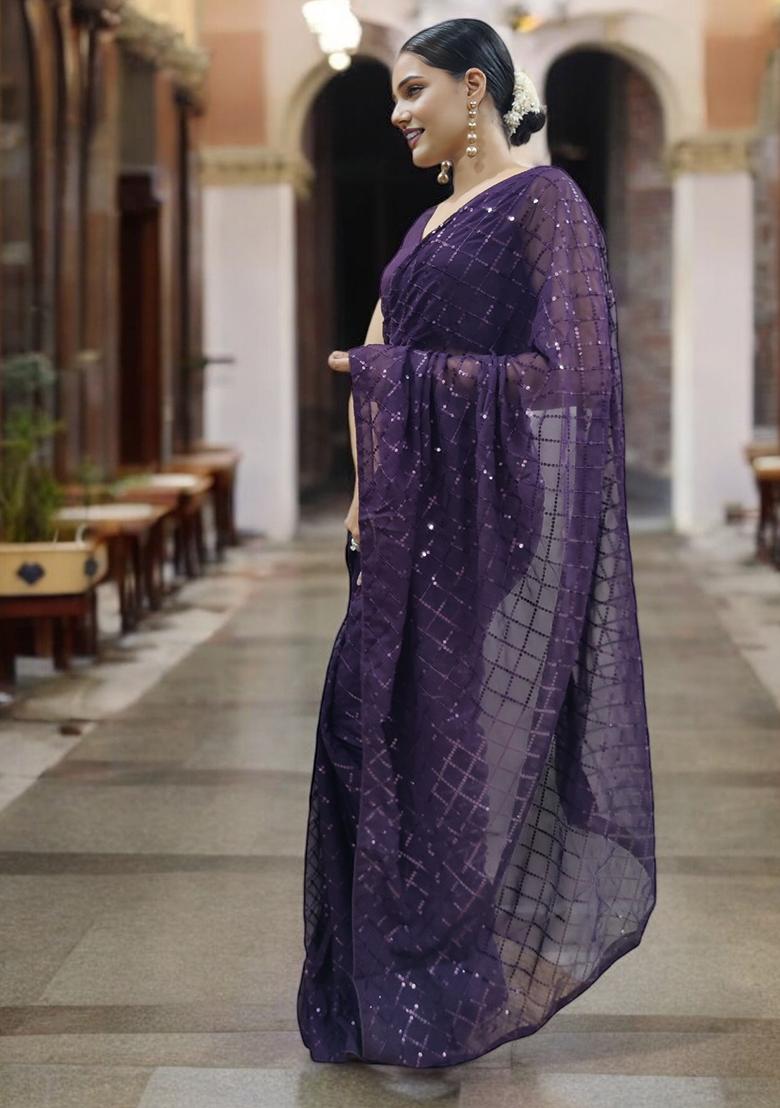 Purple Sequinned Georgette Saree Set