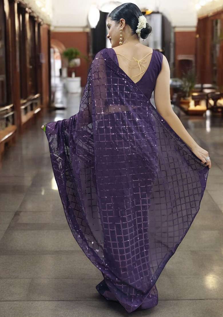 Purple Sequinned Georgette Saree Set - Indya