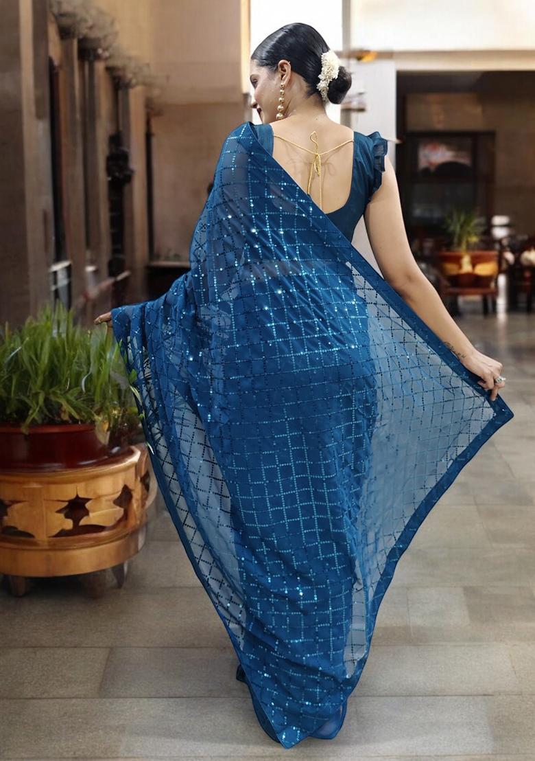 Teal Blue  Sequinned Georgette Saree Set