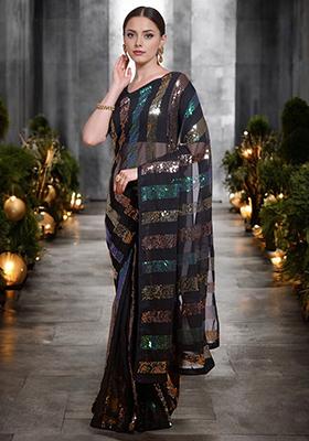 Black Sequinned Georgette Saree Set